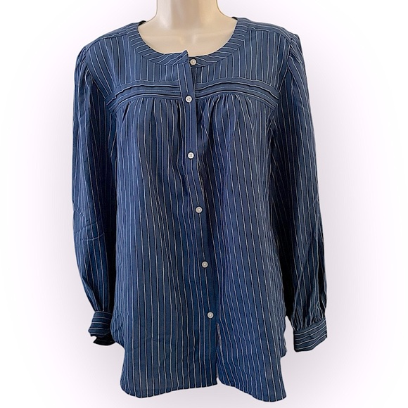 LOFT women’s stripped button down long sleeve blouse size XL cotton coastal - Picture 1 of 5